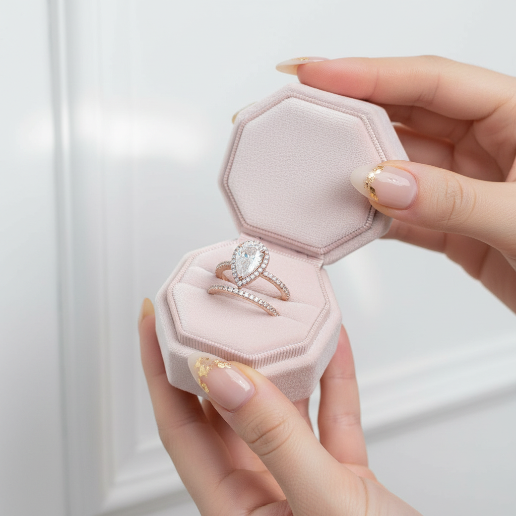 Rose Gold White Sapphire Pear Cut Wedding Ring Set-Black Diamonds New York