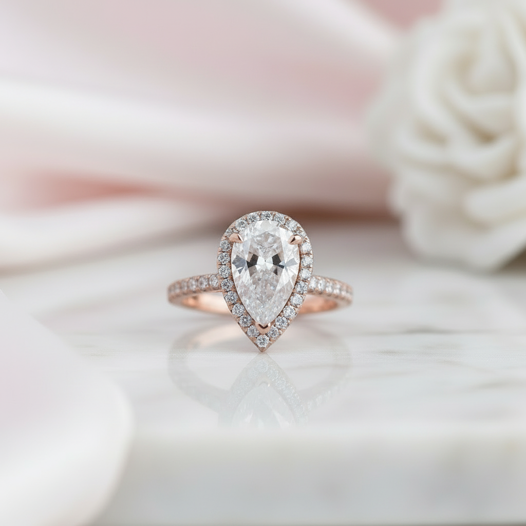 Rose Gold White Sapphire Pear Cut Wedding Ring Set-Black Diamonds New York