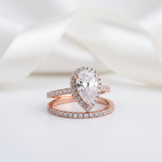 Rose Gold White Sapphire Pear Cut Wedding Ring Set-Black Diamonds New York