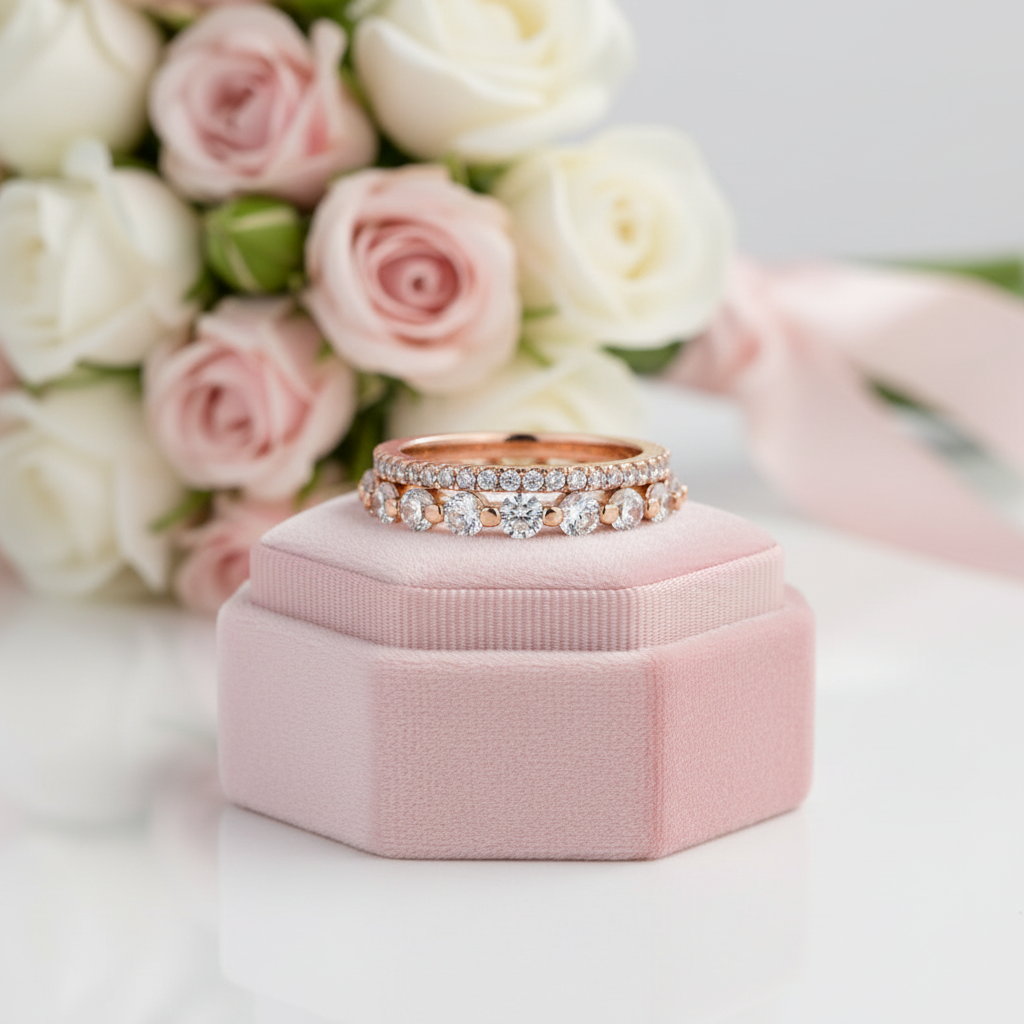 Rose Gold Women's Stackable Wedding Band Set-Black Diamonds New York