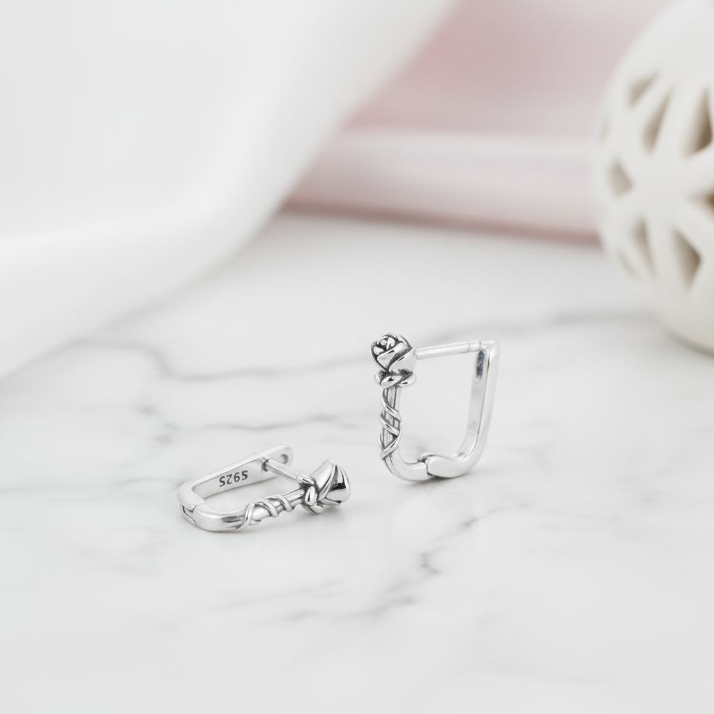 Rose & Vines U-shaped Ear Buckle Earrings-Black Diamonds New York