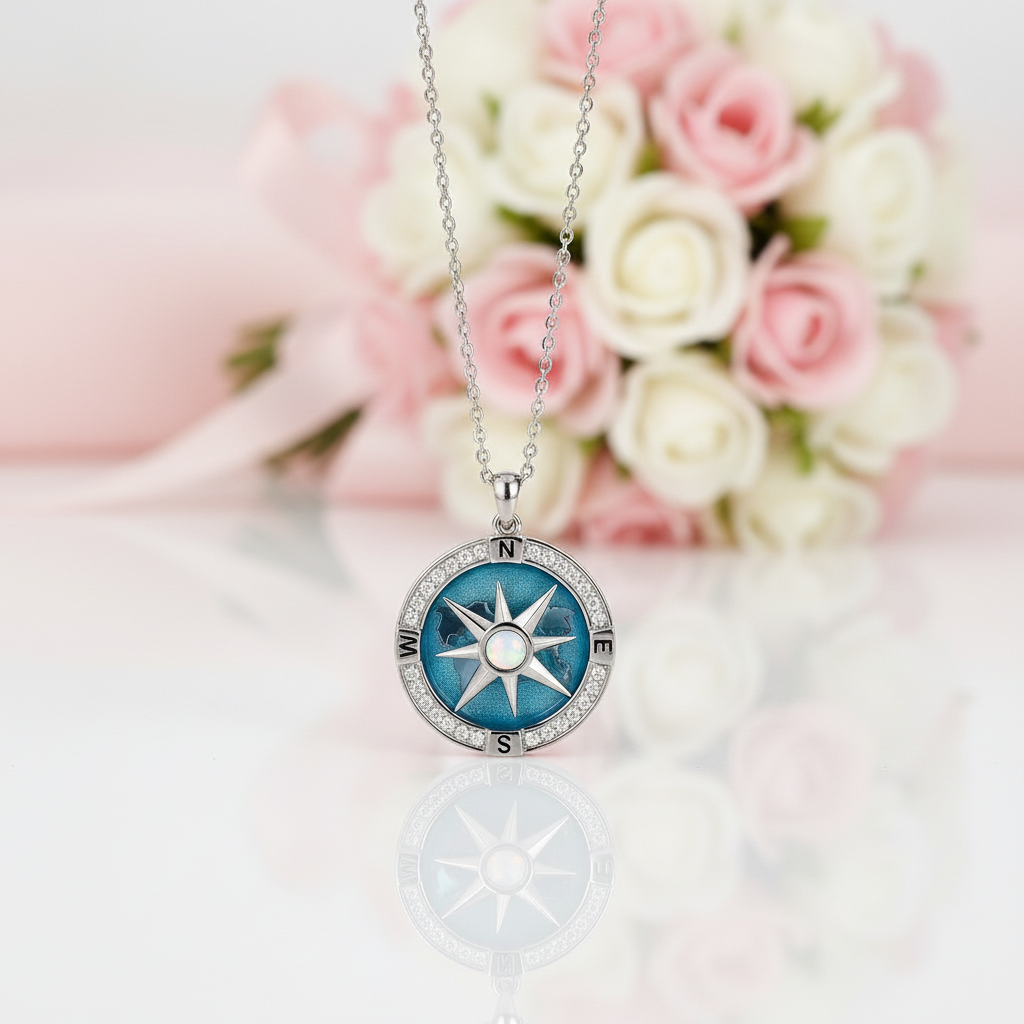 I'd Be Lost Without You Rotatable Compass Necklace With Opal Stone-Black Diamonds New York