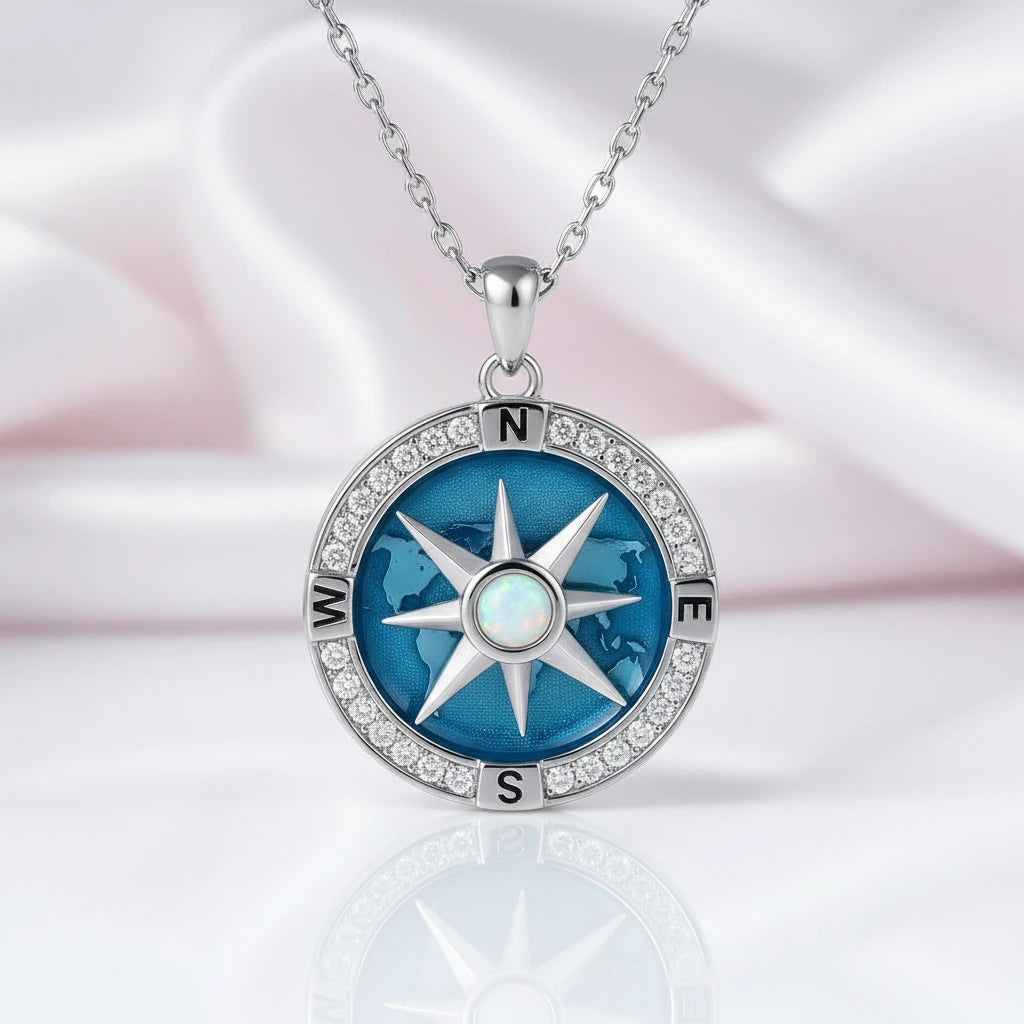 I'd Be Lost Without You Rotatable Navy Compass Necklace With Opal Stone-Black Diamonds New York
