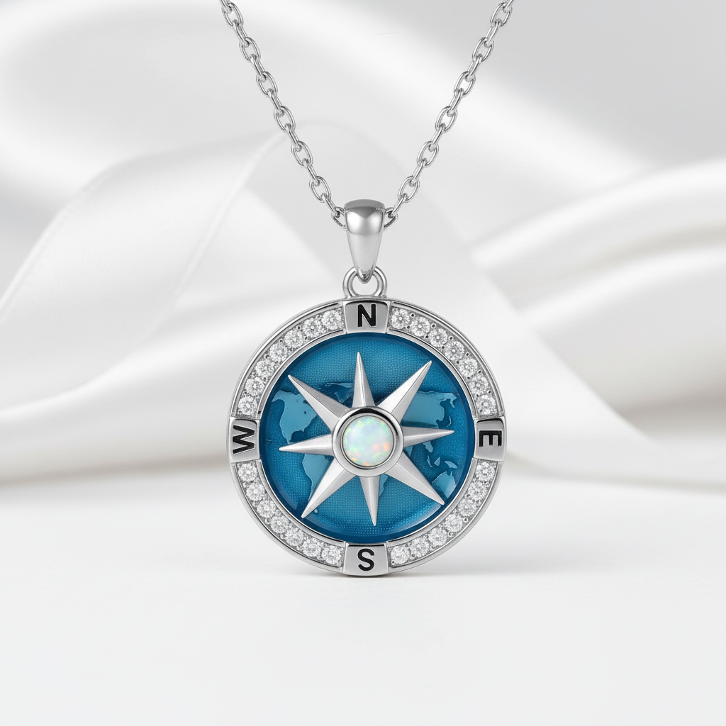 I'd Be Lost Without You Rotatable Compass Necklace With Opal Stone-Black Diamonds New York