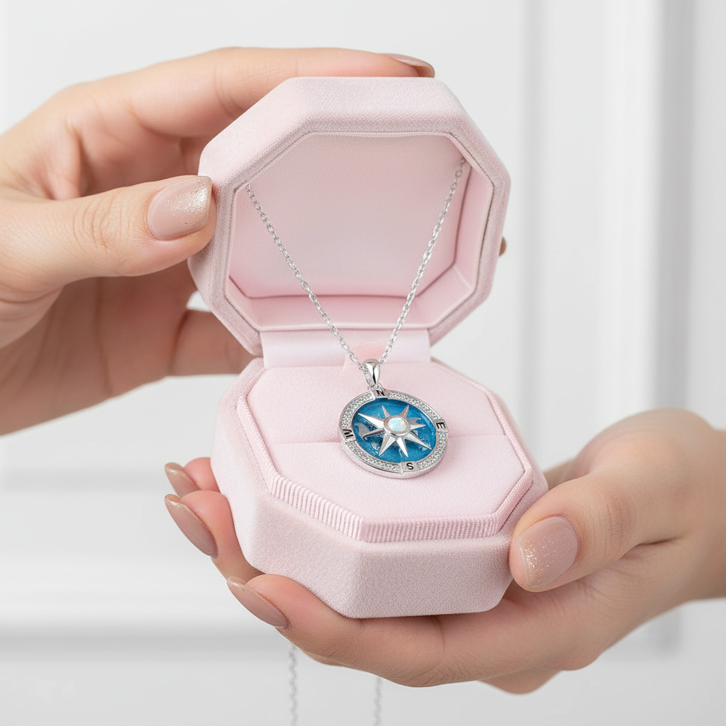 I'd Be Lost Without You Rotatable Compass Necklace With Opal Stone-Black Diamonds New York