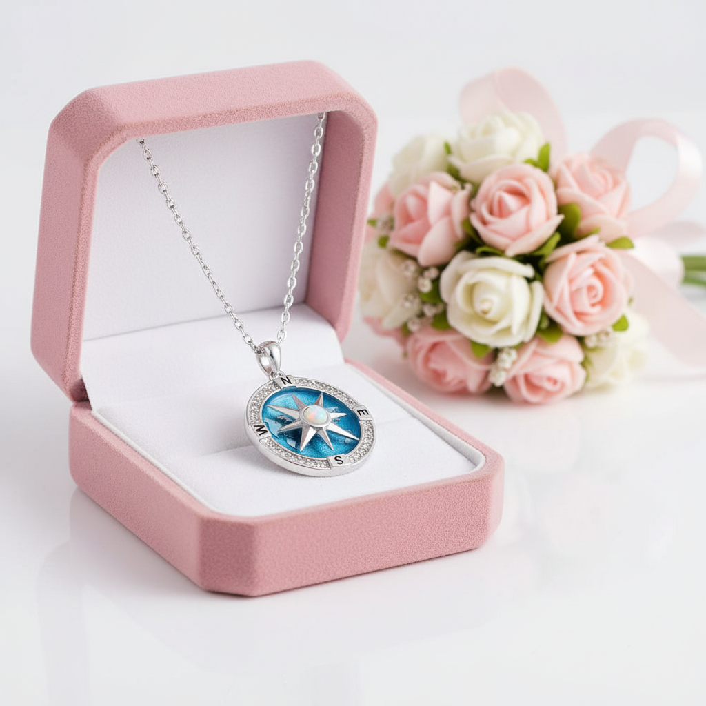 I'd Be Lost Without You Rotatable Navy Compass Necklace With Opal Stone-Black Diamonds New York