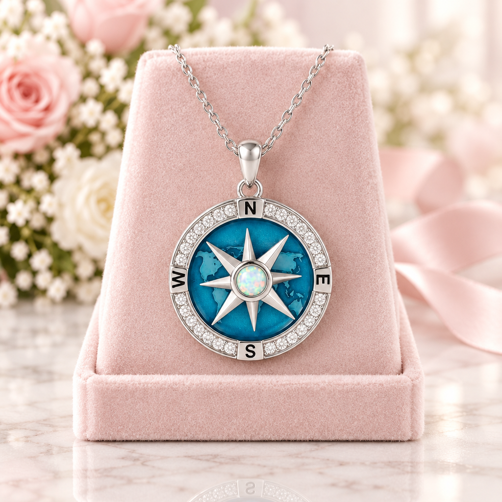 I'd Be Lost Without You Rotatable Navy Compass Necklace With Opal Stone-Black Diamonds New York