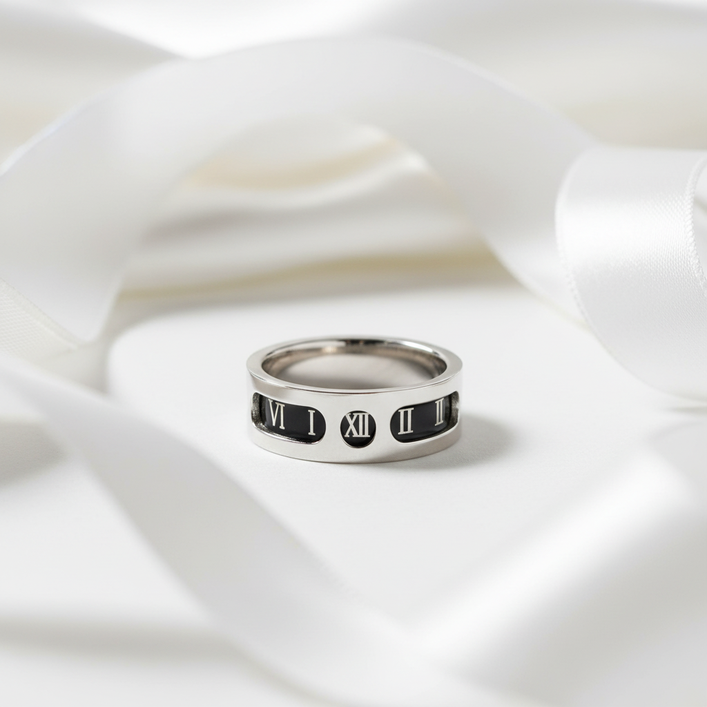 Rotatable Gothic Roman Numbers Men's Ring Band-Black Diamonds New York