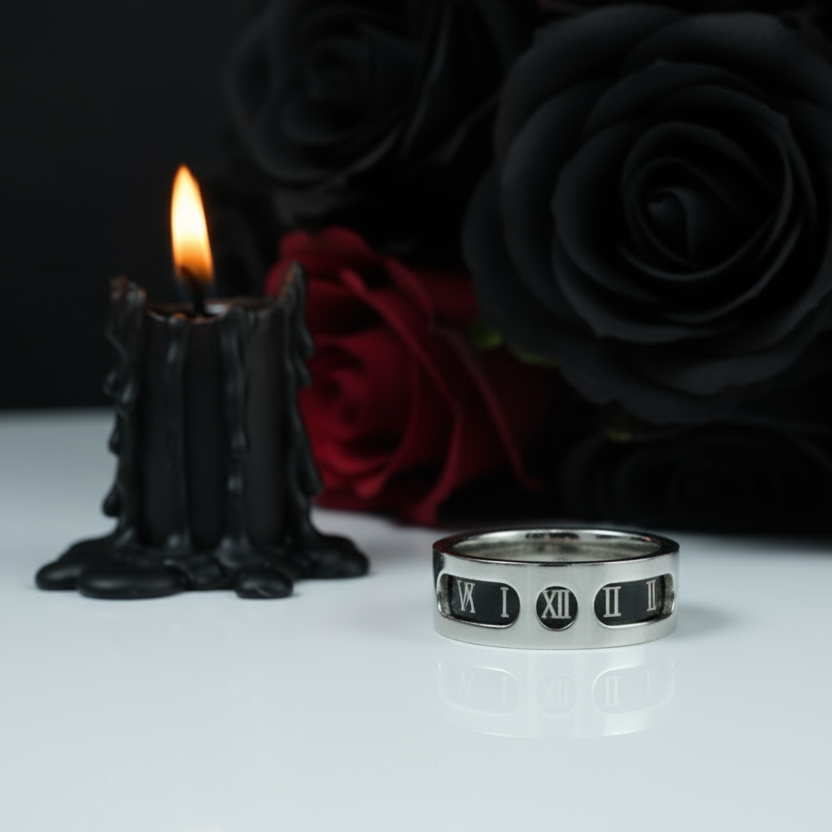 Rotatable Gothic Roman Numbers Men's Ring Band-Black Diamonds New York