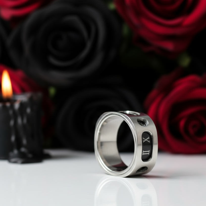 Rotatable Gothic Roman Numbers Men's Ring Band-Black Diamonds New York