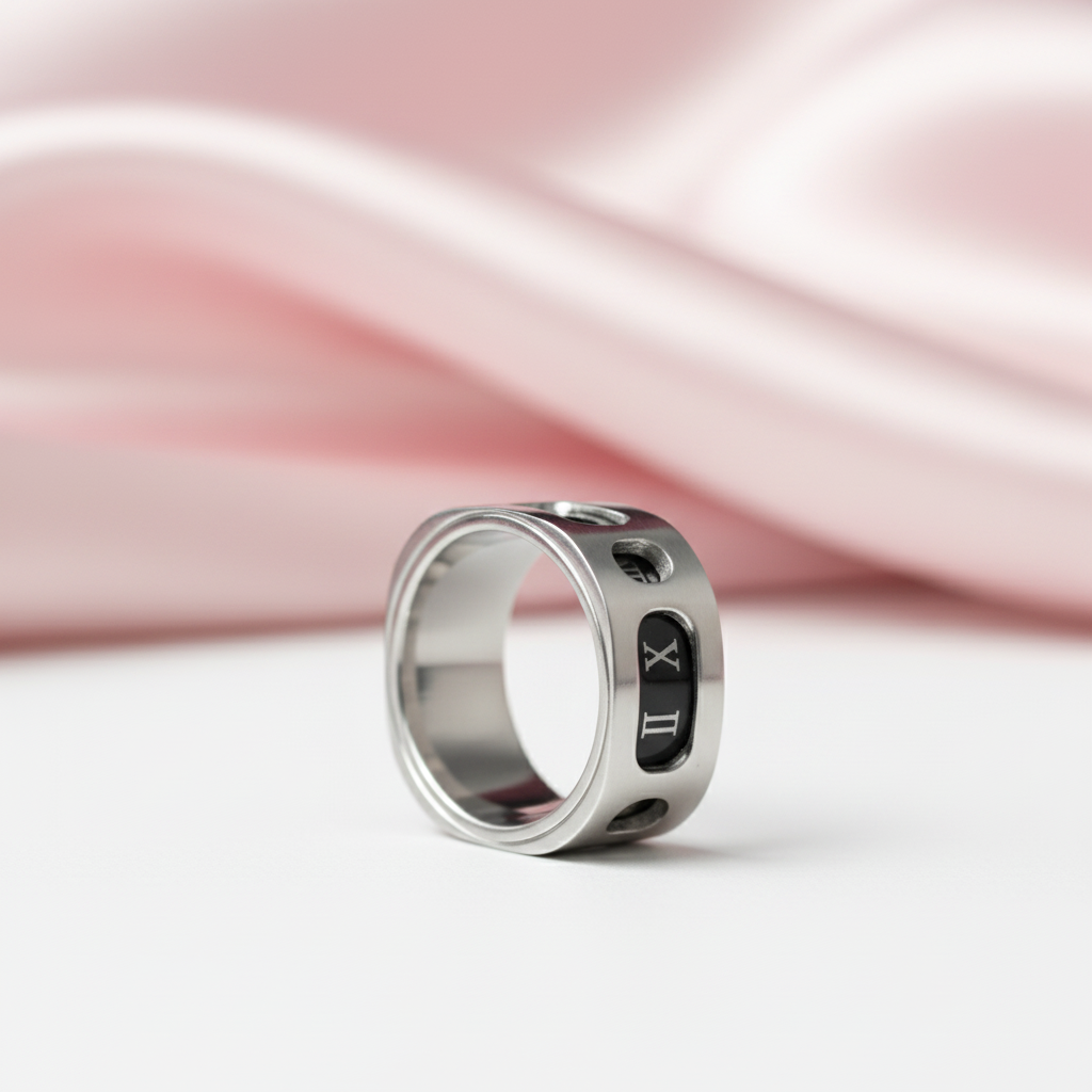 Rotatable Gothic Roman Numbers Men's Ring Band-Black Diamonds New York