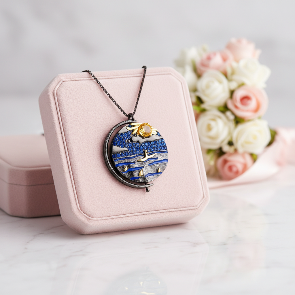 Rotatable Gemstone Charm Necklace-Black Diamonds New York