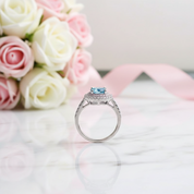 Round Aquamarine Double Halo Cocktail Ring-Black Diamonds New York