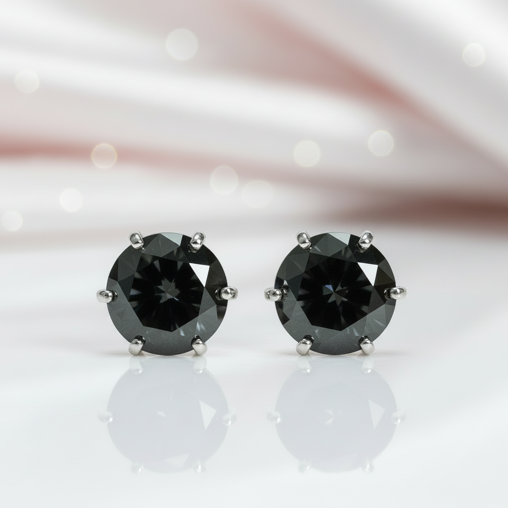 Pair of black gemstone stud earrings on a reflective surface with a blurred background