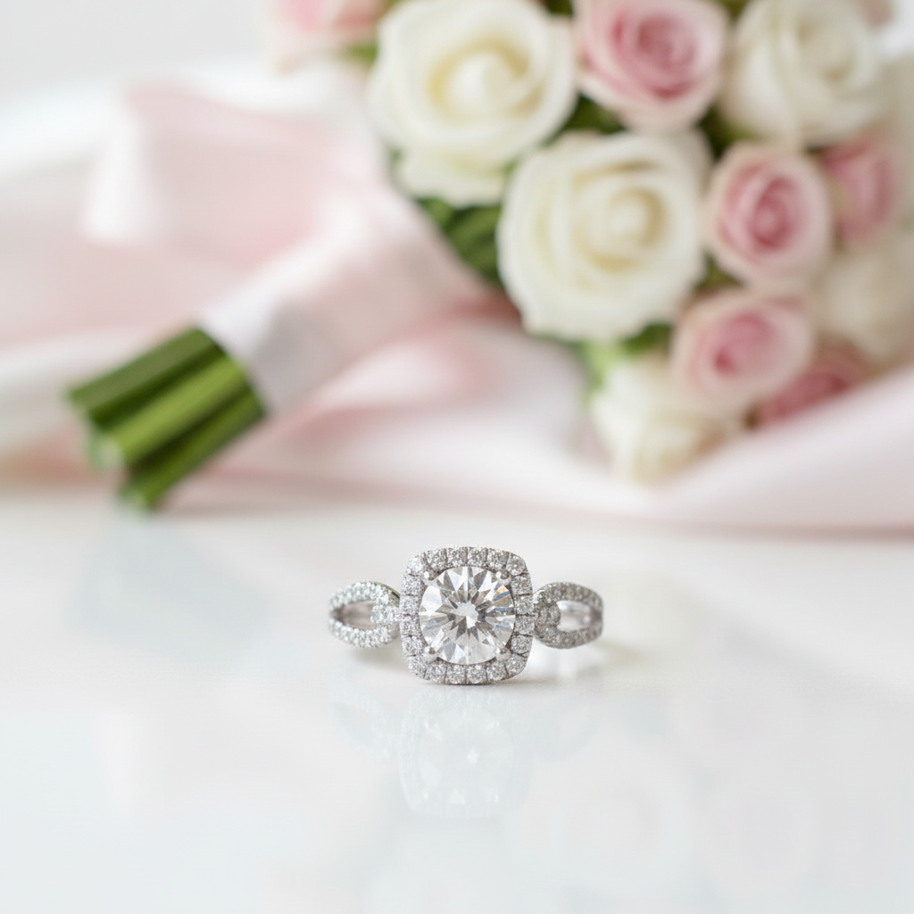 Round Cut 18k Halo Diamond Option Split Shank Engagement Ring-Black Diamonds New York