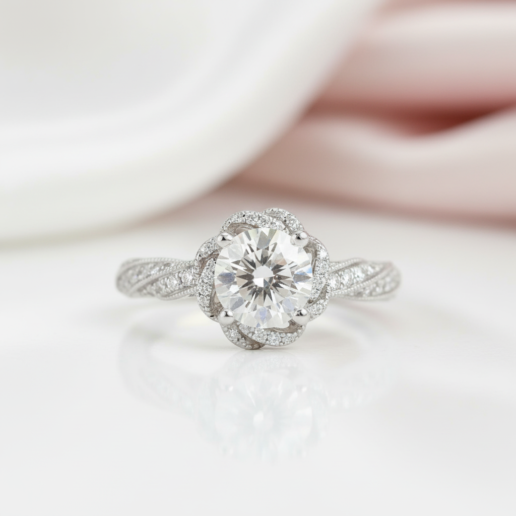 Round Cut 18k Diamond Option Halo Twist Engagement Ring-Black Diamonds New York
