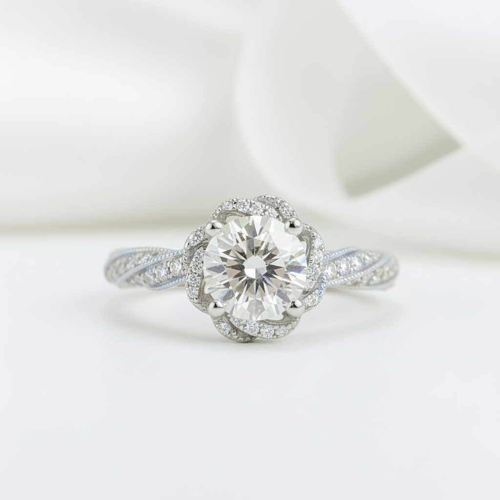 Round Cut 18k Diamond Halo Twist Engagement Ring-Black Diamonds New York