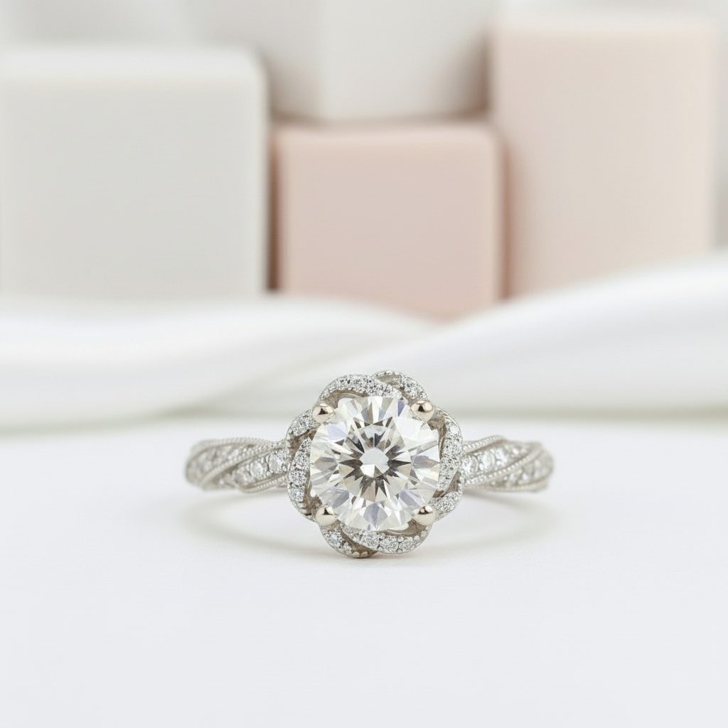 Round Cut 18k Diamond Halo Twist Engagement Ring-Black Diamonds New York