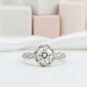 Round Cut 18k Diamond Halo Twist Engagement Ring-Black Diamonds New York