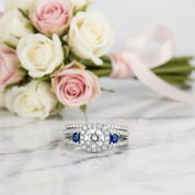 Round Cut Diamond Option with Blue Side Stones Halo Ring Set-Black Diamonds New York