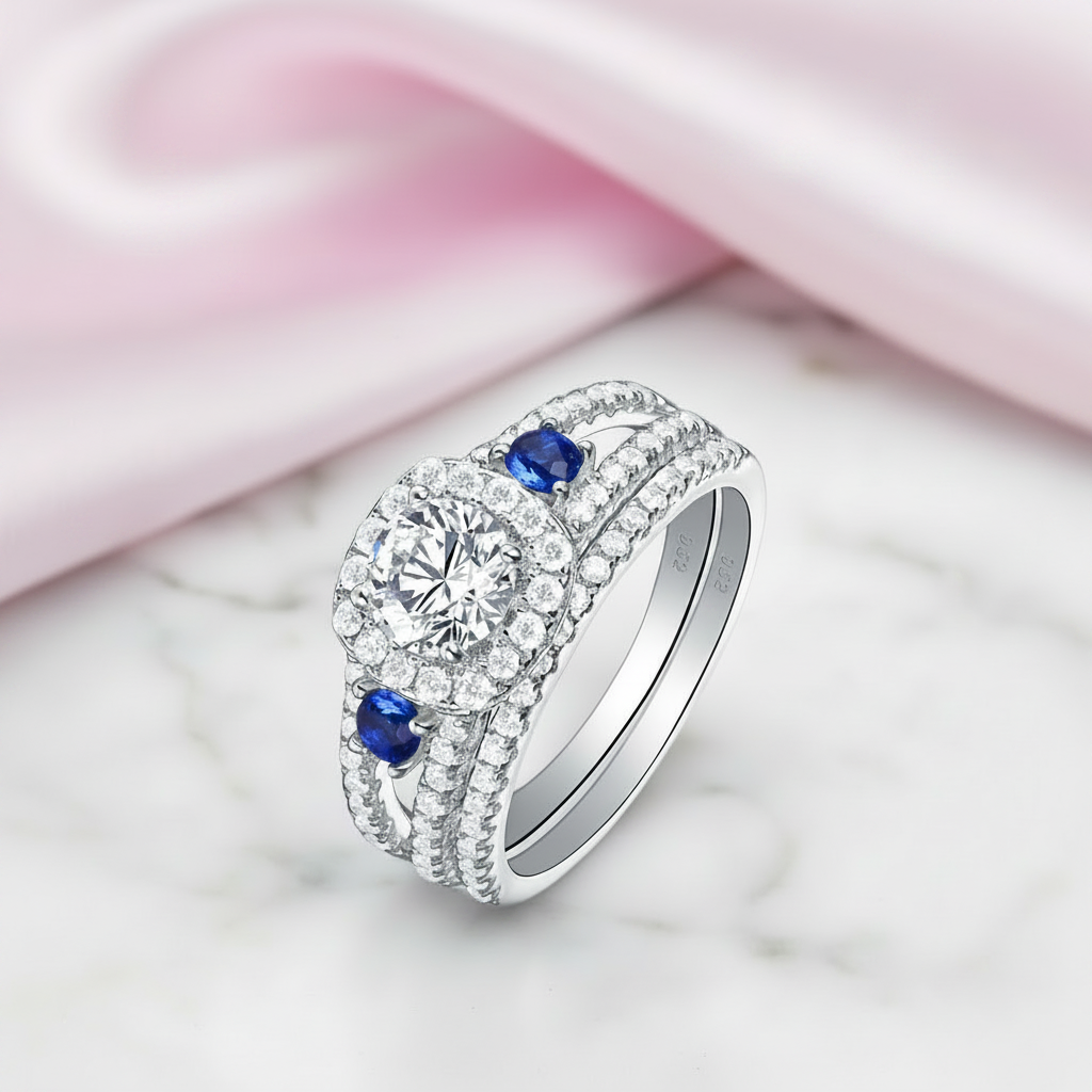 Round Cut Diamond Option with Blue Side Stones Halo Ring Set-Black Diamonds New York