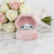 Round Cut Diamond Option with Blue Side Stones Halo Ring Set-Black Diamonds New York