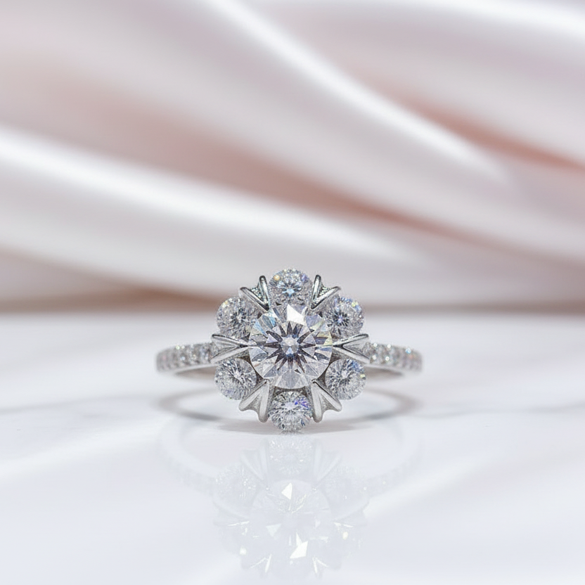 Rose gold and silver ring with a diamond on a soft pink fabric background