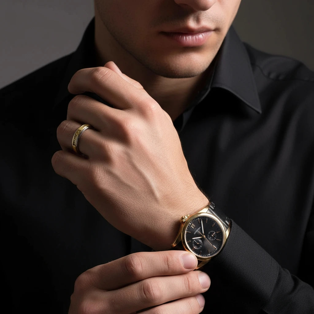 Round Cut Diamond Two Tone Men's Wedding Band-Black Diamonds New York