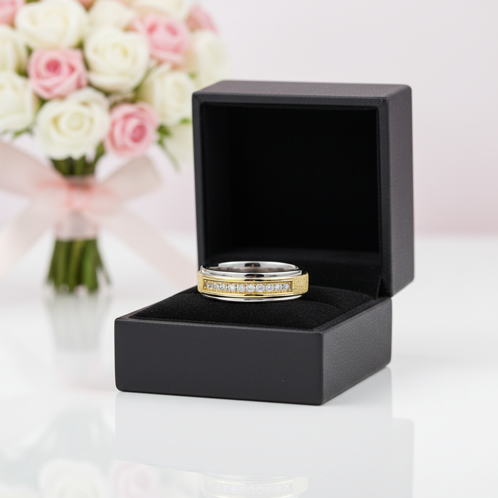 Round Cut Diamond Option Two Tone Men's Wedding Band-Black Diamonds New York