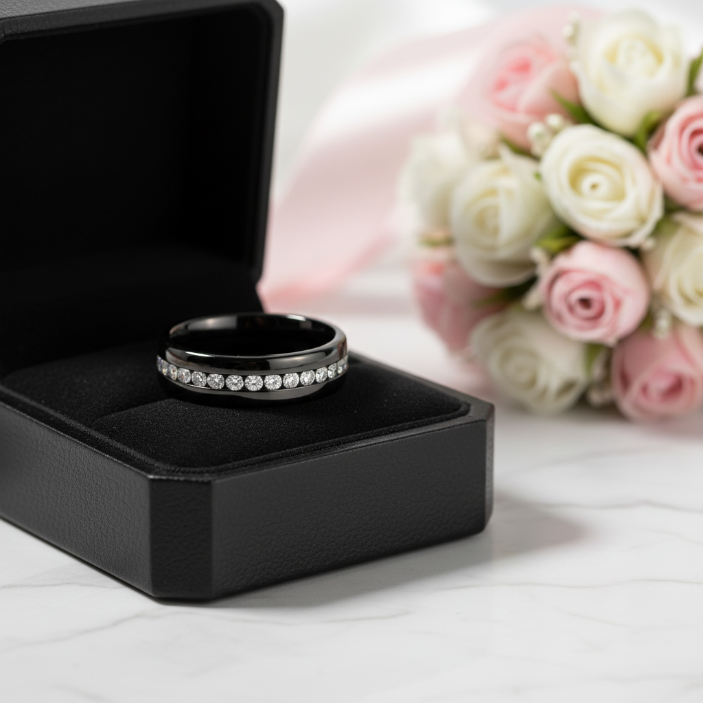 Round Cut Diamond Option Black Unisex Wedding Band-Black Diamonds New York