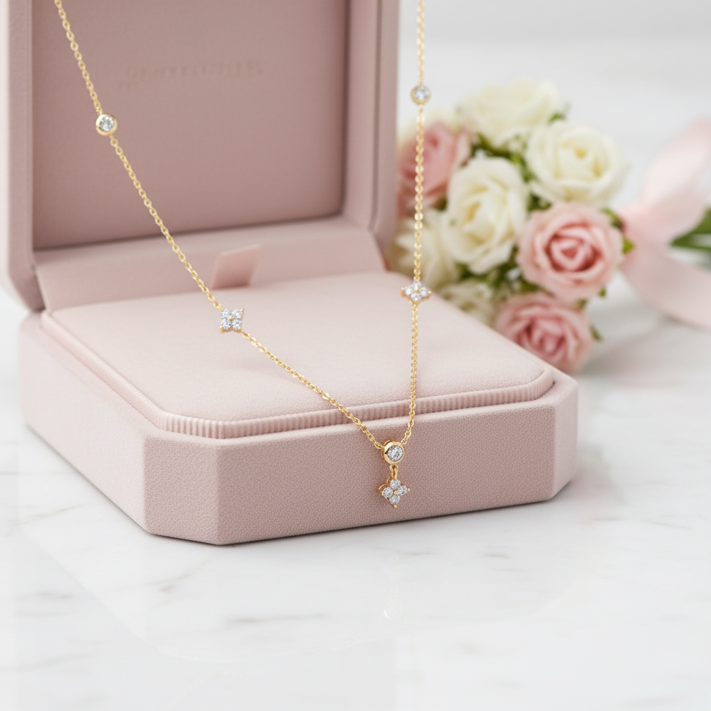 A delicate gold necklace with small clear crystal star and dot charms, draped over an open light pink jewelry box on a white marble surface with pink and white roses in the background.