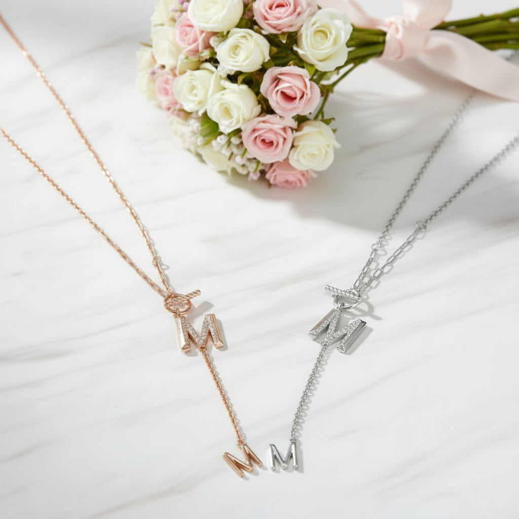 Round Cut Diamond Option Letter M Pendant Necklace-Black Diamonds New York