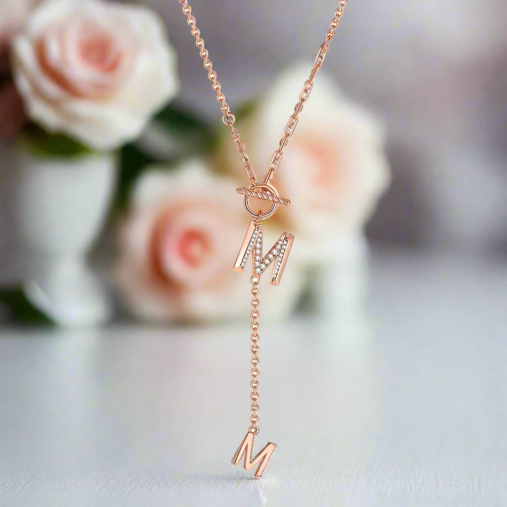 Round Cut Diamond Letter M Pendant Necklace-Black Diamonds New York