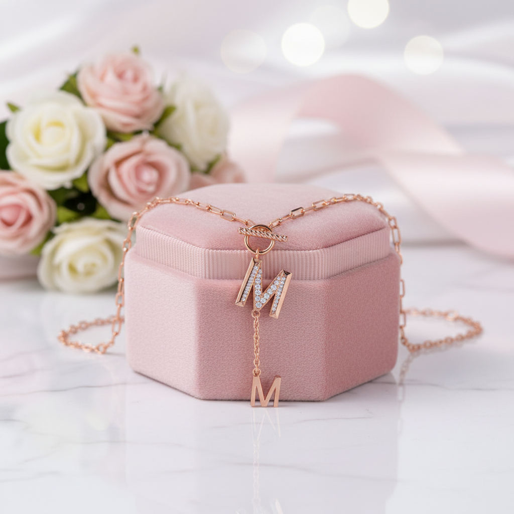 Round Cut Diamond Option Letter M Pendant Necklace-Black Diamonds New York