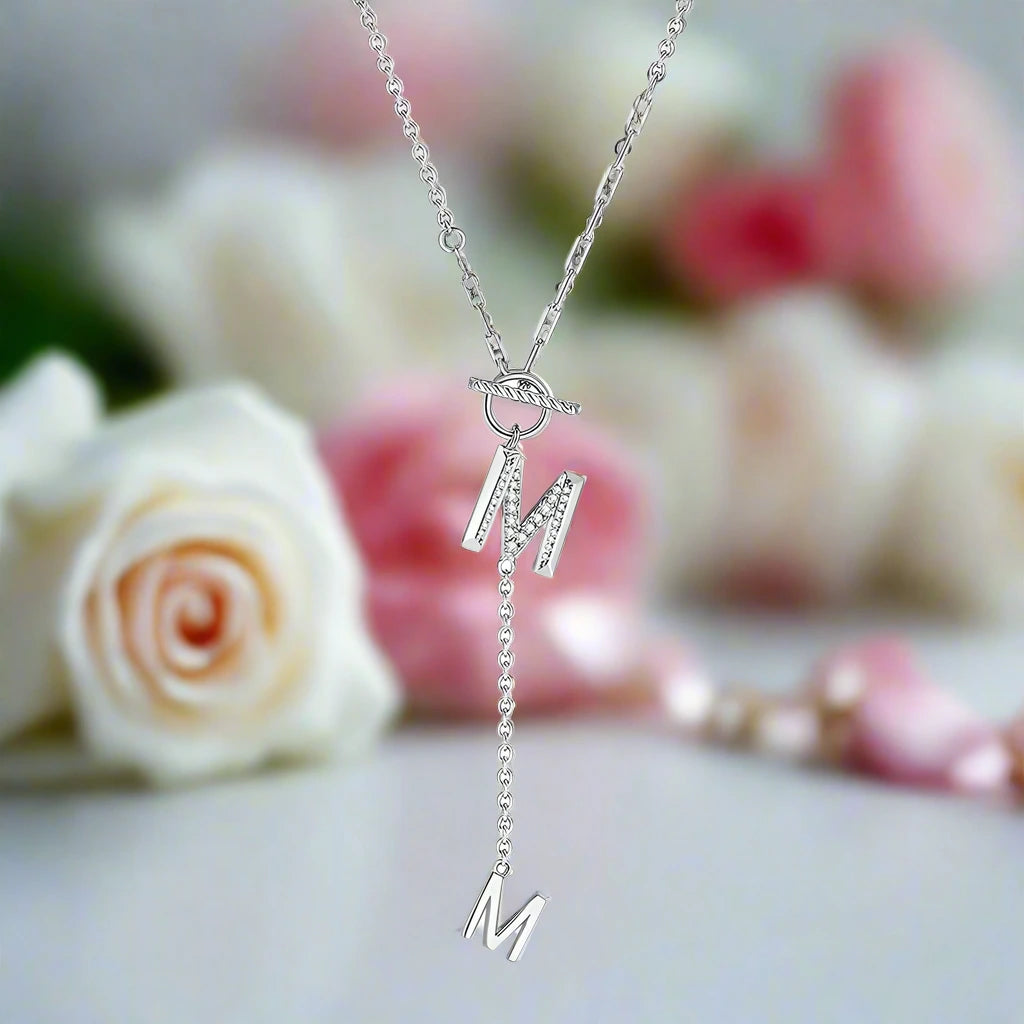 Round Cut Diamond Letter M Pendant Necklace-Black Diamonds New York