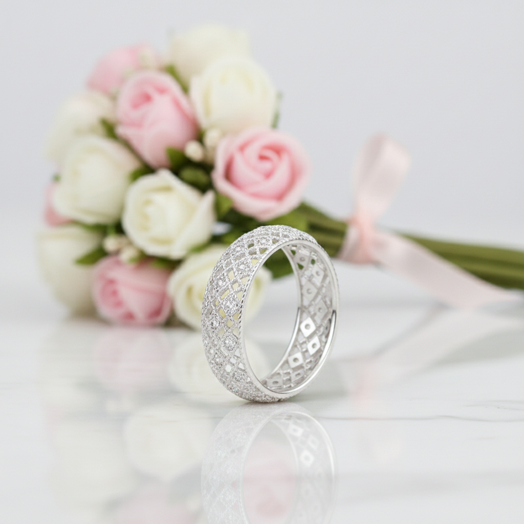 Round Cut Diamond Option Hallow Lattice Wedding Band-Black Diamonds New York