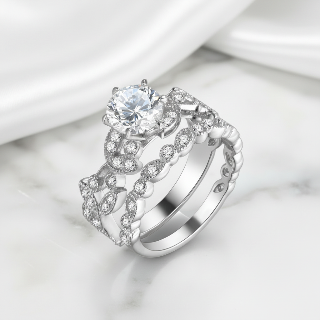 Round Cut Diamond Option Vintage Ring Set-Black Diamonds New York