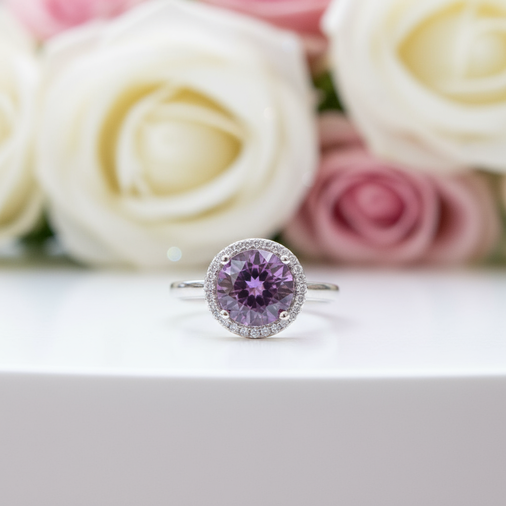 Round Cut Lab Alexandrite Halo Engagement Ring-Black Diamonds New York