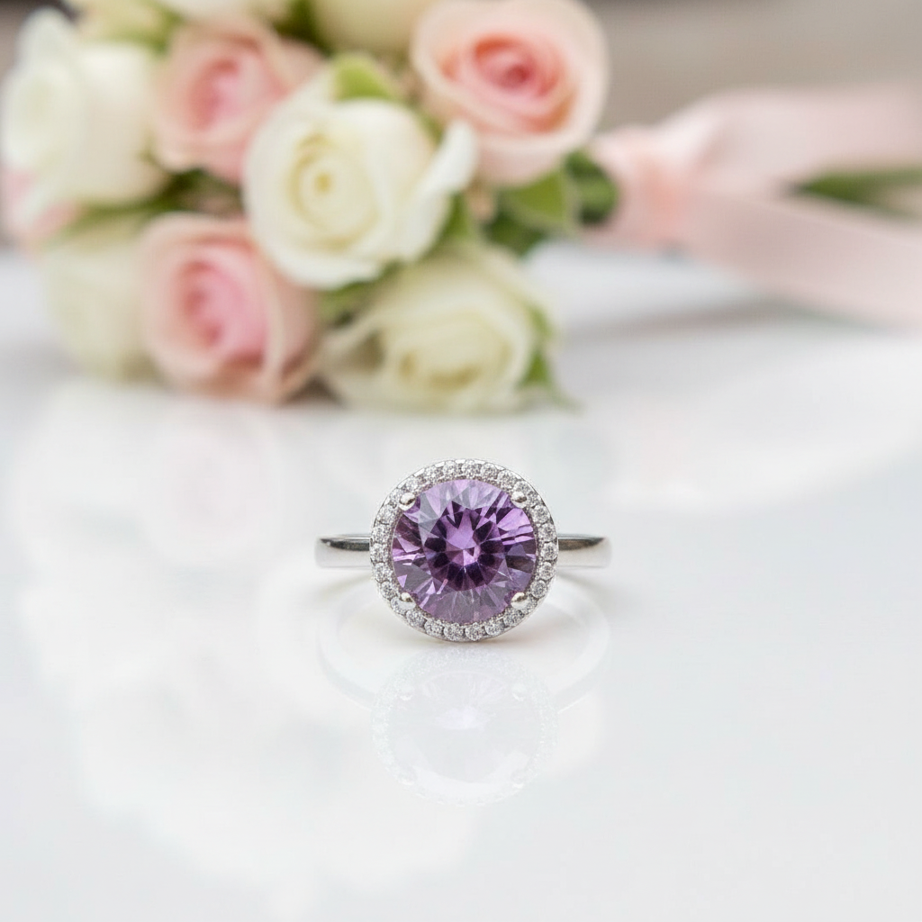 Round Cut Lab Alexandrite Halo Engagement Ring-Black Diamonds New York