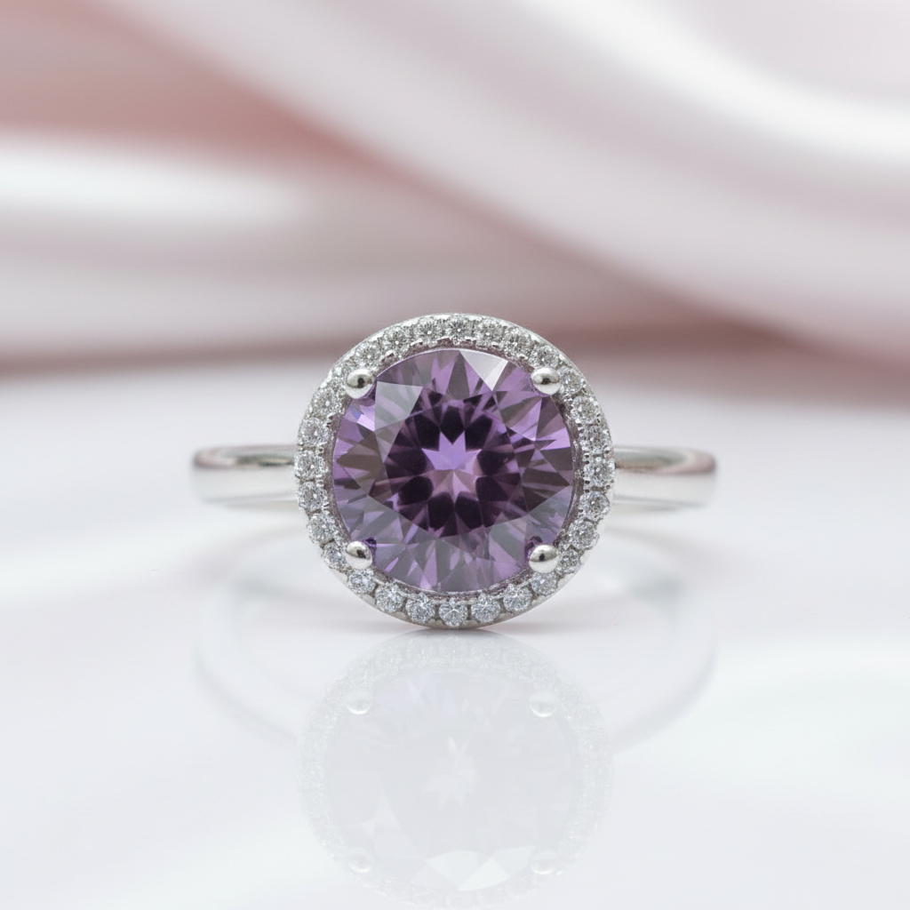 Round Cut Lab Alexandrite Halo Engagement Ring-Black Diamonds New York