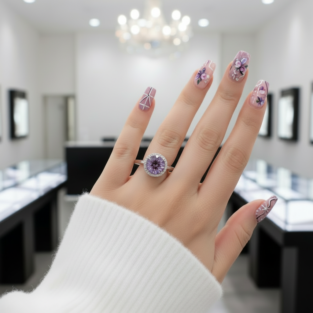 Round Cut Lab Alexandrite Halo Engagement Ring-Black Diamonds New York