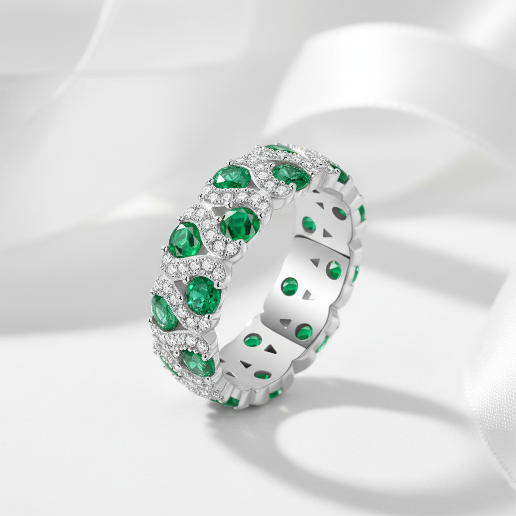 Round Cut Lab Emerald Wedding Band-Black Diamonds New York