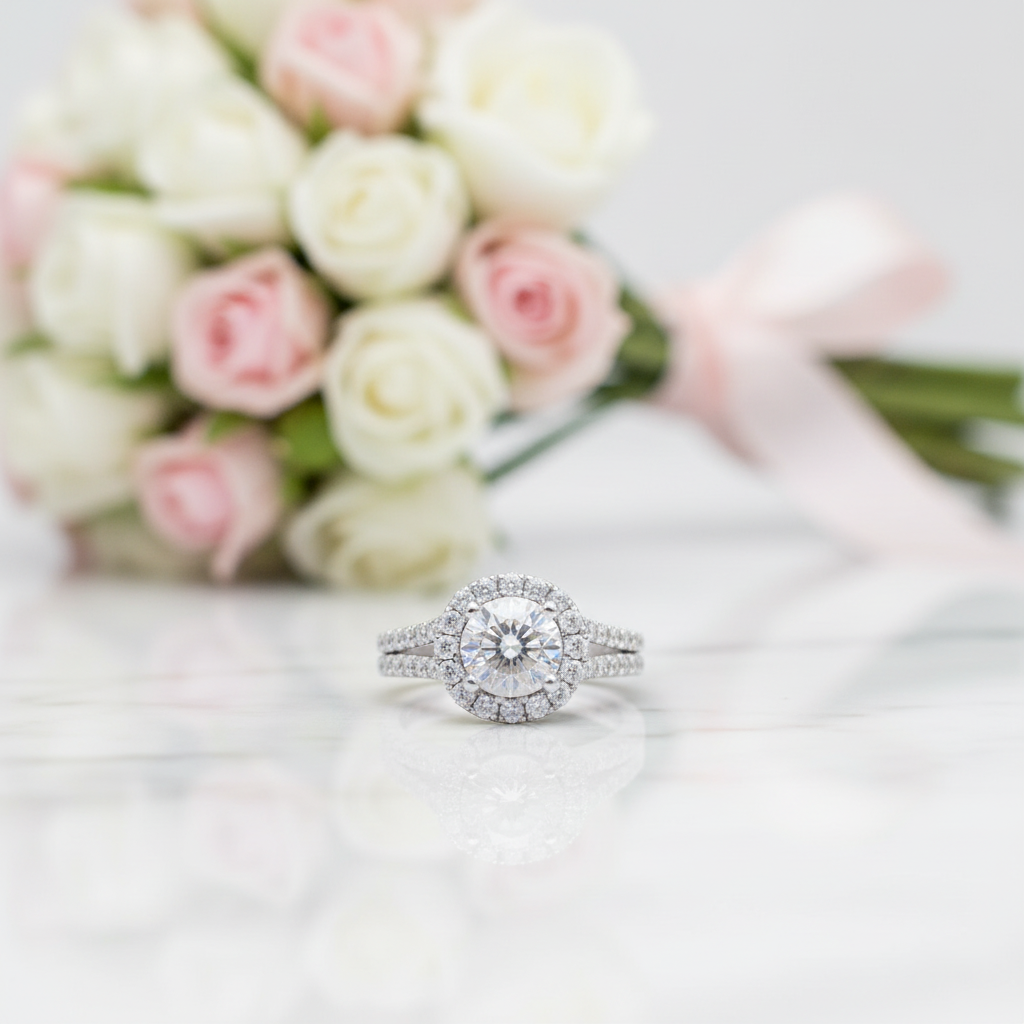 Round Cut Diamond Option Halo Double Band Engagement Ring-Black Diamonds New York