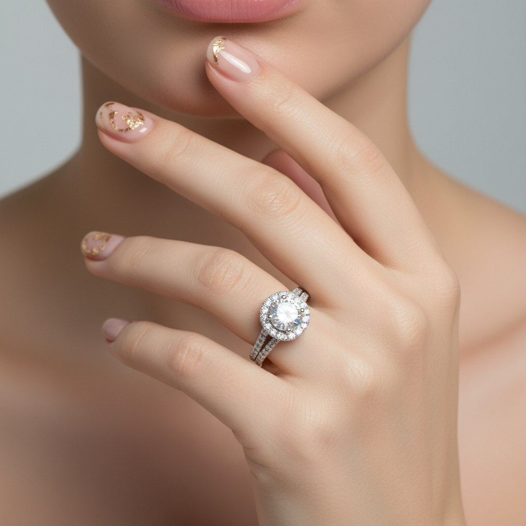 Round Cut Diamond Halo Double Band Engagement Ring-Black Diamonds New York