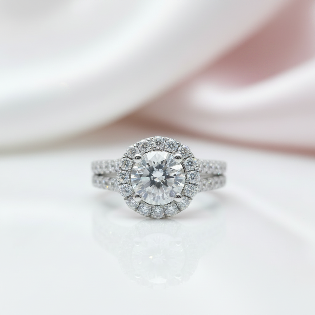 Round Cut Diamond Option Halo Double Band Engagement Ring-Black Diamonds New York