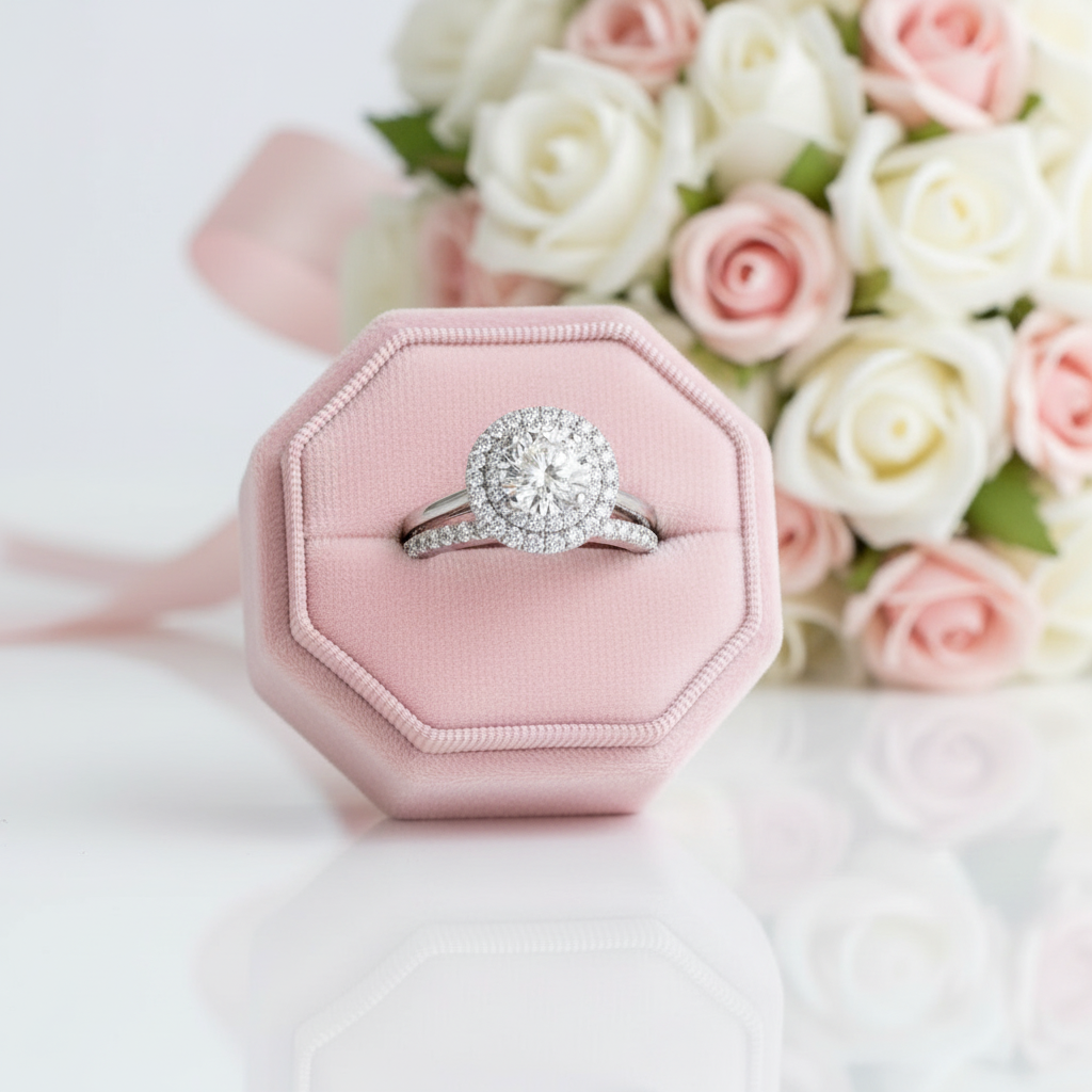Round Cut Diamond Option Halo White Gold Engagement Ring Set-Black Diamonds New York
