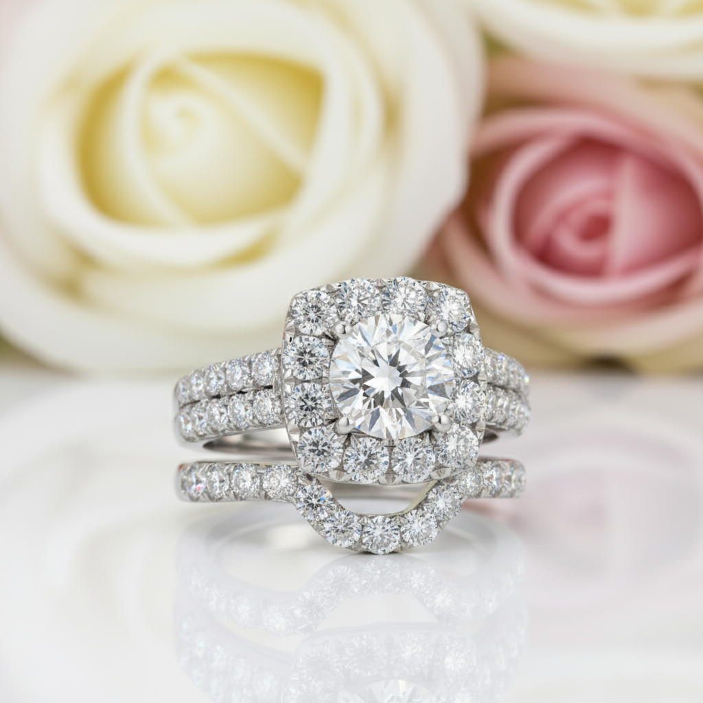 Round Cut Diamond Halo White Gold Engagement Ring Set-Black Diamonds New York