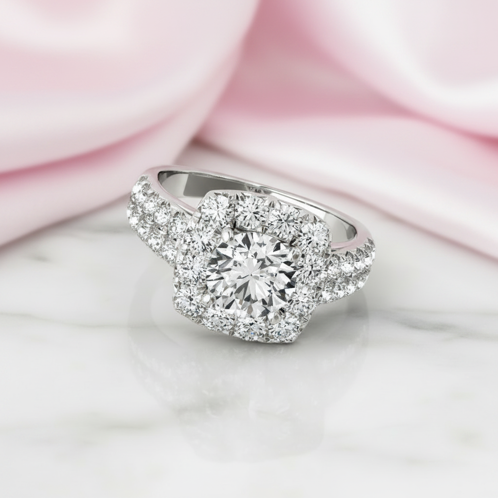 Round Cut Diamond Option Halo White Gold Engagement Ring Set-Black Diamonds New York