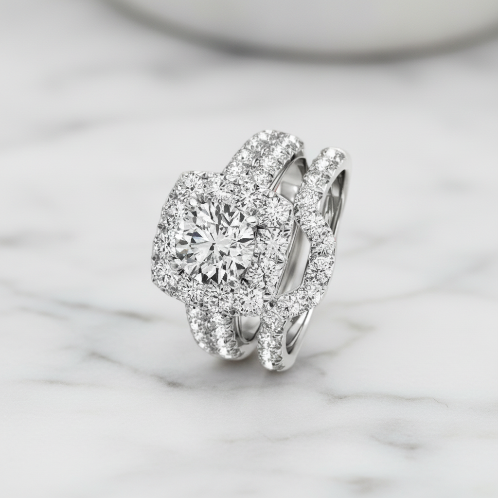 Round Cut Diamond Option Halo White Gold Engagement Ring Set-Black Diamonds New York
