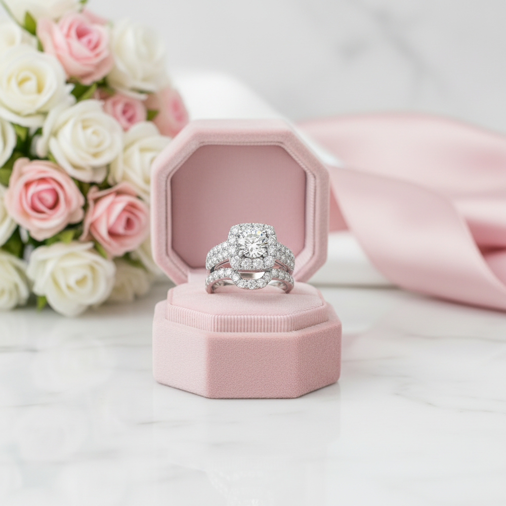 Round Cut Diamond Option Halo White Gold Engagement Ring Set-Black Diamonds New York